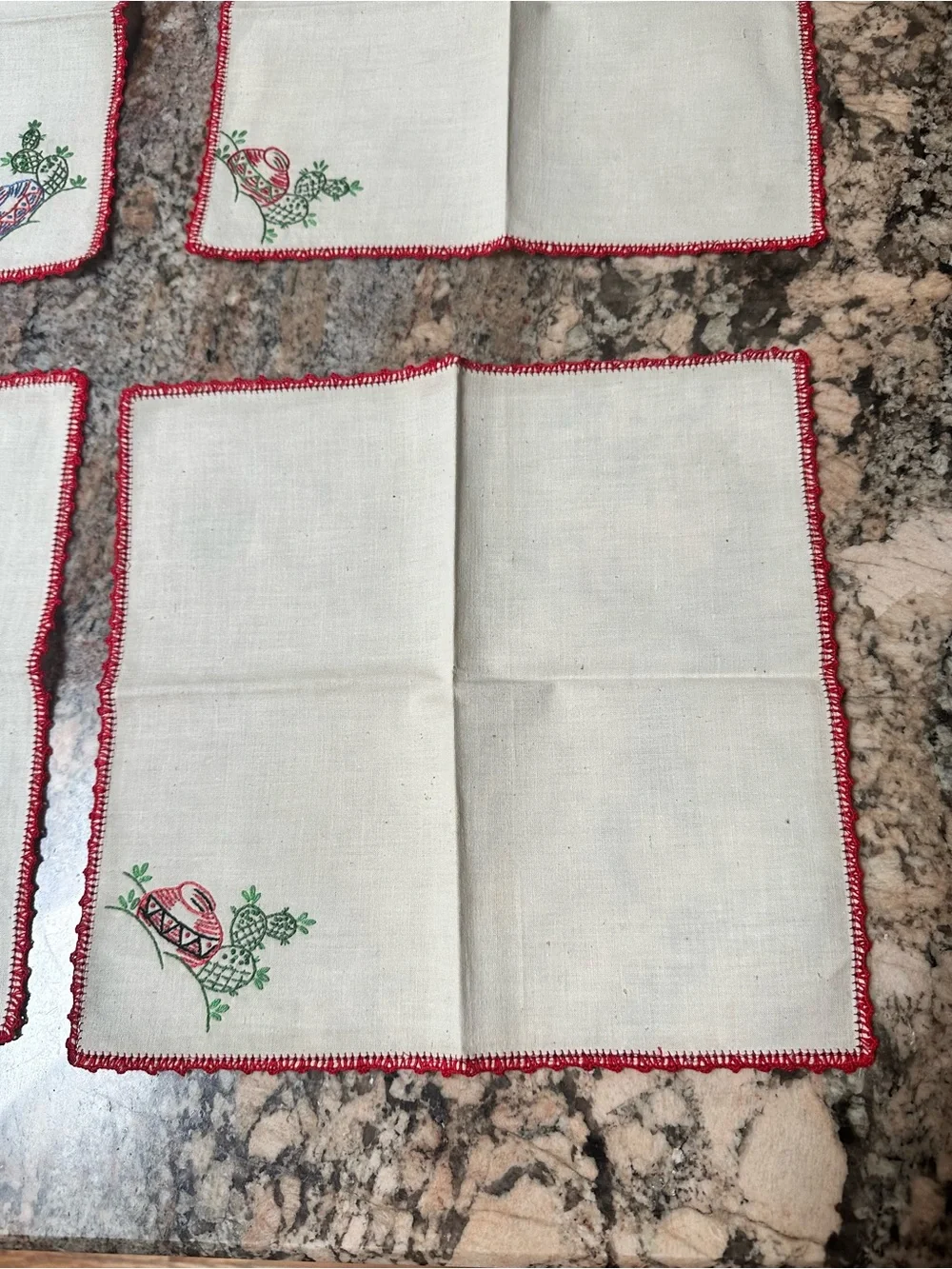 Embroidered Cactus Napkin Set with Red Crochet Edge